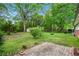 Spacious backyard features mature trees and a brick patio, perfect for outdoor gatherings at 3800 Whitaker Ln, Lithia Springs, GA 30122