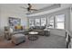 Bright living room featuring a large window, comfortable seating, ceiling fan, and stylish decor at 4105 Woodwind Dr, Cumming, GA 30028