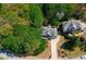 An aerial view showcases a beautiful suburban home surrounded by lush, mature trees and landscaping at 1326 Benbrooke Nw Ln, Acworth, GA 30101