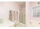 Bathroom showcasing a shower and tub with coordinating fixtures and a mirrored vanity at 4557 Waldens Farm Ct, Powder Springs, GA 30127