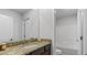 Bathroom featuring granite countertop, vanity with sink, and a shower with a tub at 734 Great Oak Pl, Villa Rica, GA 30180