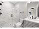 Modern bathroom with glass enclosed shower, grey vanity, and decorative tile at 106 Hogue St, Atlanta, GA 30312