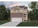 Two-story home boasts a brick and tan siding exterior, a two car garage, and a manicured lawn at 1032 Sutherland Lane (Lot 47), Lawrenceville, GA 30043