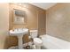 Bathroom with a single vanity and shower over tub with decorative tiled walls at 150 Fitzroy Ln, Acworth, GA 30101