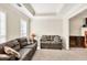 Cozy living room featuring comfortable sofas, plush carpet, and ample natural light through large windows at 210 Chandler Ct, Sugar Hill, GA 30518