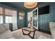 Comfortable living room with blue paneled walls, modern lighting, plush seating, and many windows for natural light at 2155 Old Dallas Rd, Marietta, GA 30064