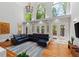 Spacious living room with a large sectional, tall windows, and access to the outdoor deck at 335 Birkdale Dr, Fayetteville, GA 30215