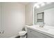 This half bathroom features a modern gray vanity and a toilet next to a white door at 200 High Creek Dr, Roswell, GA 30076