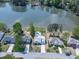 Aerial view showcasing homes alongside the lake, highlighting the pool at 140 N Lakeside Nw Dr, Kennesaw, GA 30144