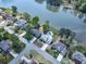 Stunning aerial view of lakeside homes with lush landscaping and a community pool, offering a serene living environment at 140 N Lakeside Nw Dr, Kennesaw, GA 30144