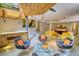 Unique living room with wooden beam ceiling, bar area, modern seating, and stylish decor at 151 Rockmart Dr Sw, Atlanta, GA 30314