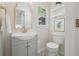 Charming powder room with stylish vanity, decorative mirror, and patterned tile flooring at 3988 Dover Ave, Alpharetta, GA 30009
