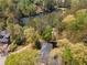 Picturesque aerial view of the property nestled amongst mature trees near a tranquil lake at 129 Ridgetree Ln, Marietta, GA 30068