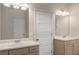 Bathroom with double sink vanity and modern lighting, offering a clean and functional space at 9032 Jim Purcell Dr, Covington, GA 30014
