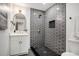 Bathroom featuring a vanity and a tiled walk-in shower with gray subway tile and matte black fixtures at 2685 Glenvalley Dr, Decatur, GA 30032