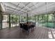 Enjoy the outdoors from this screened porch featuring a dining table with view of the well maintained lawn and landscaping at 2920 Dara Dr, Marietta, GA 30066