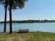 Relaxing lake view showcasing a wooden picnic table and calm waters at 5400 Kings Camp Cabin 16 Se Rd, Acworth, GA 30102