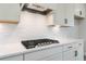 Modern kitchen features a stainless steel gas range and sleek white cabinets with a decorative backsplash at 7515 Woolf Way, Cumming, GA 30028