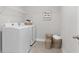 Bright laundry room featuring a modern white washer and dryer, stylish tile floor, and ample storage space at 545 Paces Dr, Lithia Springs, GA 30122