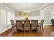 Dining room boasts modern light fixture, decorative wainscoting, and hardwood floors at 222 Rippling Nw Dr, Marietta, GA 30064