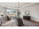 Stylish main bedroom with tray ceiling, large window, area rug, and dark wood accents at 5345 Keepsake Court, Cumming, GA 30040