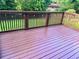 The cozy, stained back deck overlooks a spacious, green backyard at 2512 Montezuma Cir, Ellenwood, GA 30294
