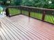 The cozy, stained back deck overlooks a spacious, green backyard at 2512 Montezuma Cir, Ellenwood, GA 30294