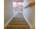 Staircase with carpeted steps, white risers, and wooden handrail leading to the lower level at 5713 Brynwood Nw Cir, Acworth, GA 30101