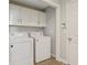 A functional laundry room equipped with a washing machine, dryer, and overhead cabinets at 1074 Fieldstone Dr, Canton, GA 30114