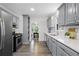 Stylish kitchen featuring gray cabinets, white countertops, subway tile backsplash, and stainless steel appliances at 2724 Bomar Rd, Douglasville, GA 30135