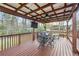 The spacious covered deck features string lights, TV, dining table, chairs, and outdoor grill overlooking the backyard at 500 Katherines Cv, Mcdonough, GA 30253