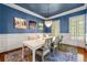 Stylish dining room featuring blue walls, white trim, a modern chandelier, and a colorful rug at 4862 Tarry Post Ln, Suwanee, GA 30024