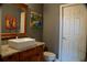 Bathroom featuring granite countertop, vessel sink, wood vanity, and white door at 4799 Winterview Ln, Douglasville, GA 30135