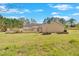 Large grassy backyard with patio, privacy wall, and perimeter trees at 40 L Z Jackson Road, Bowdon, GA 30108