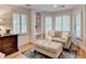 Cozy sitting room features built in shelves, shuttered windows, hardwood floors and a neutral color palette at 125 Stoney Ridge Dr, Alpharetta, GA 30022