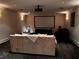 Home theater with a large projection screen, comfortable seating, and dimmable lighting at 9390 Colonnade Trl, Johns Creek, GA 30022