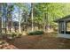 Serene backyard with mature trees and a stone patio at 1035 Bridle Path Dr, Lawrenceville, GA 30045