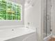 Relaxing bathroom features soaking tub, separate glass shower, and a window with green backyard views at 3927 Villager Way, Rex, GA 30273