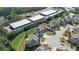 Expansive aerial view of a neighborhood with tree-lined streets and well-maintained homes near modern storage facilities at 4250 Harrison Lndg, Cumming, GA 30041