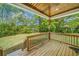 A cozy back porch with a wooden ceiling and railing overlooks the lush backyard at 1809 Cassville Nw Rd, Cartersville, GA 30121