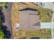 Drone view of the property showcasing the roof, manicured lawn, landscaping, and outdoor patio area at 6550 Lantana Village Way, Cumming, GA 30028