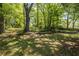 Green backyard with mature trees and a vintage outdoor fireplace at 1740 Fairbanks Sw St, Atlanta, GA 30310