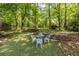 Landscaped backyard featuring mature trees, a stone retaining wall, and an outdoor dining area at 1740 Fairbanks Sw St, Atlanta, GA 30310