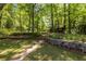 Spacious backyard featuring lush greenery, stone retaining walls, and mature trees at 1740 Fairbanks Sw St, Atlanta, GA 30310