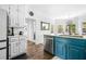 Bright kitchen featuring white cabinets, stainless steel appliances, subway tile backsplash, and a blue island at 3522 Evans Ridge Trl, Atlanta, GA 30340