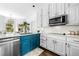 Bright kitchen featuring white cabinets, stainless steel appliances, subway tile backsplash, and a blue island at 3522 Evans Ridge Trl, Atlanta, GA 30340