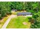 Aerial view showcasing the new roof and the well-manicured lawn of this charming single-story home and shed at 5950 Central Church Rd, Douglasville, GA 30135