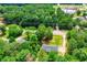 Aerial view shows a neighborhood, road, and lush green treetops at 5950 Central Church Rd, Douglasville, GA 30135