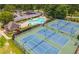 Aerial view showcasing tennis courts and a refreshing pool near the clubhouse, perfect for recreation and relaxation at 2012 Golfers Way, Villa Rica, GA 30180