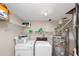 Functional laundry room with washer, dryer, shelving, and water heater at 3560 Riverchase Dr, Decatur, GA 30034
